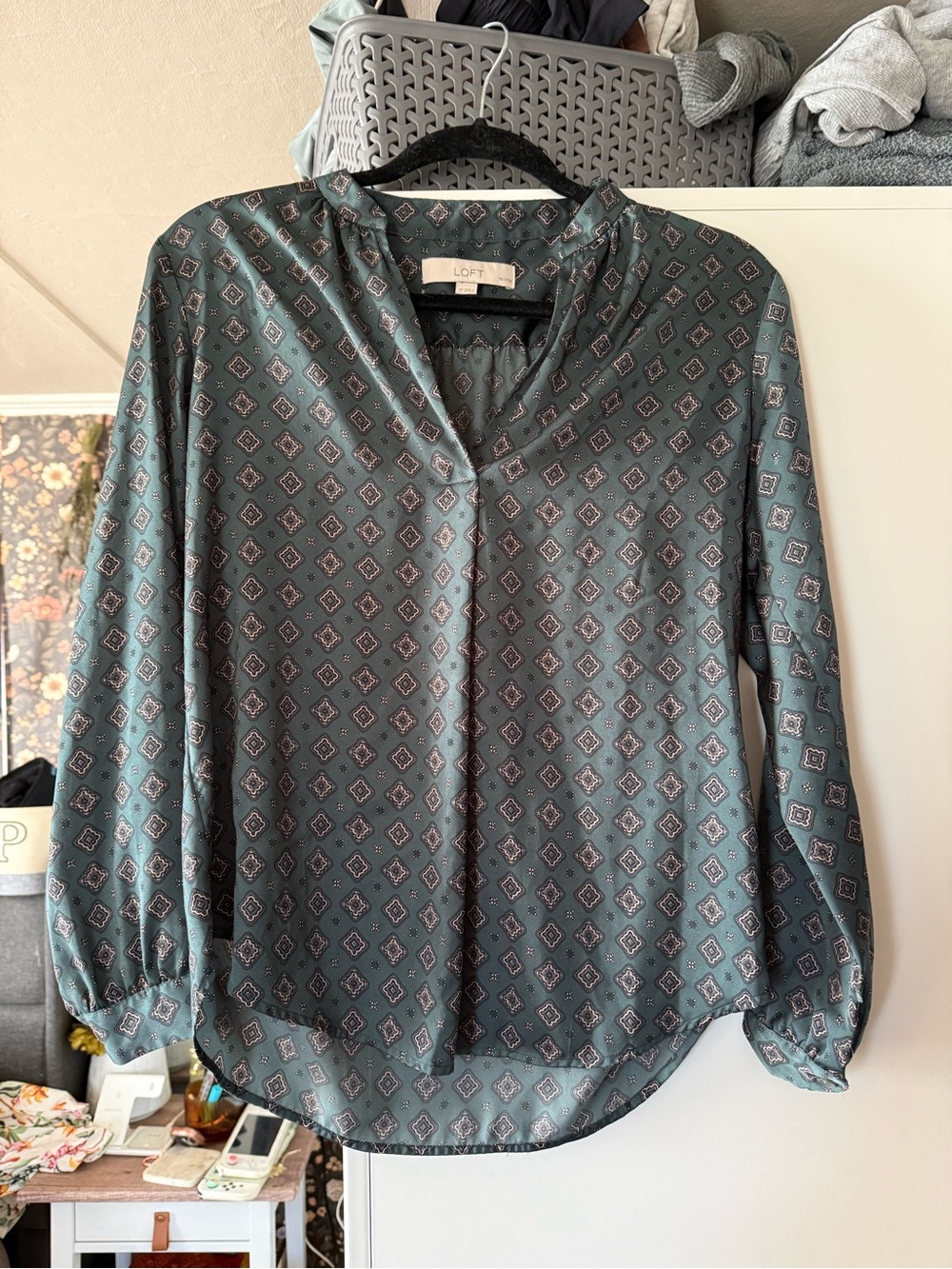 LOFT Teal Geometric Button-Down Blouse